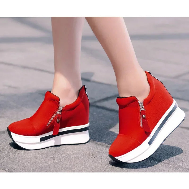 2024 Platform Sneakers Women Red Casual Comfortable Hidden Heel Shoe Black Canvas Shoes Wedge Heels Sneaker Tenis De Mujer