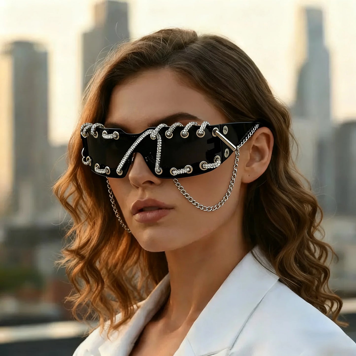 Punk Luxury Rhinestone Chain Sunglasses for Men Women One-piece Frameless Trendy Original Design Streetwear Party Shades
