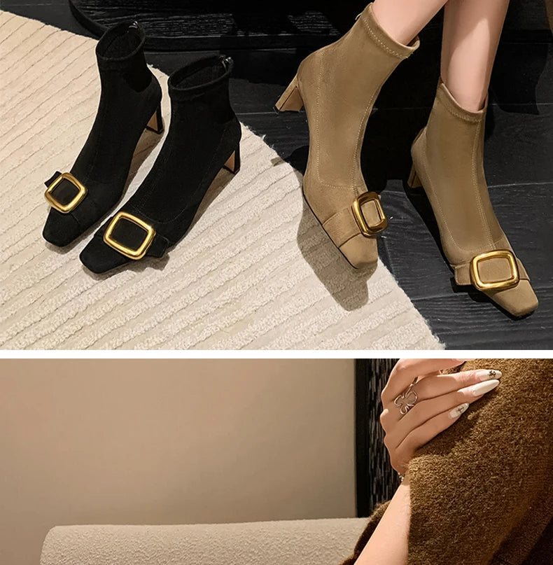 Ods Personalized Low-heeled Fashion Boots for Fall/winter New Pointed Metal Square Buckle Back Zipper Stretch Thin Ankle Boots42