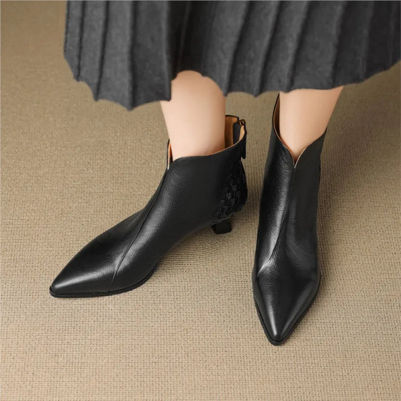 Elegant Sheepskin Leather Retro Ankle Boots Women Pointy Toe Med Thin Heels Office Lady Braided Boots Party