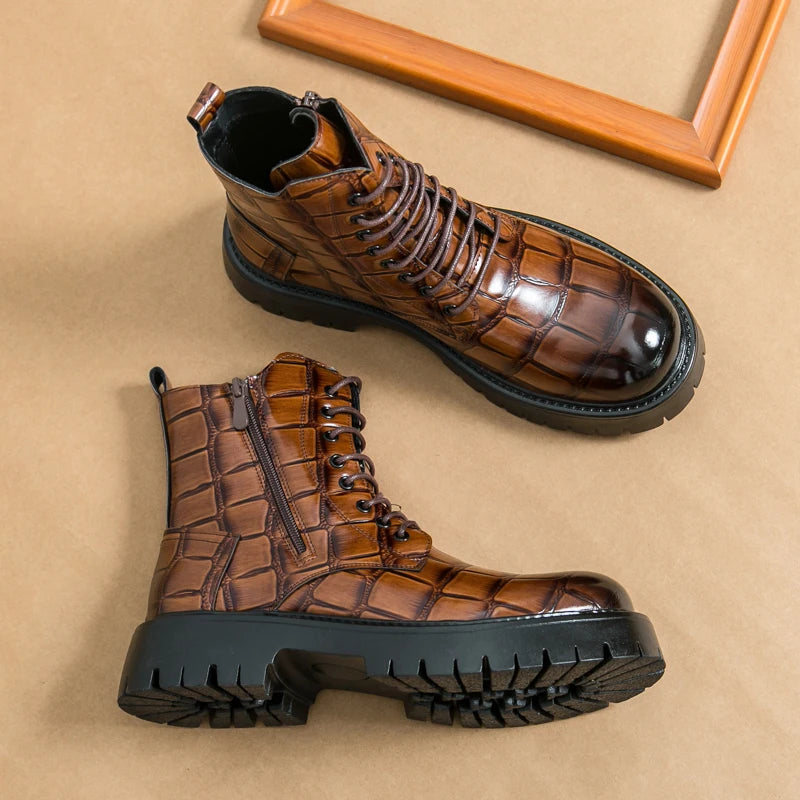 Luxury Brand Men's Autumn and Winter Crocodile Leather Side Zipper High Top Boots Fashionable New Men's Comfortable Short Boots