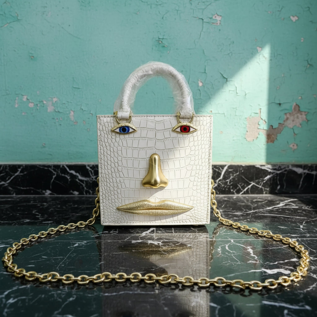 2026 Summer New Women's Surreal  Leather Handbag 3D Face Hand Grip Pattern Tote Bag Silver Patent Leather Square Versatile Shoulder Bag