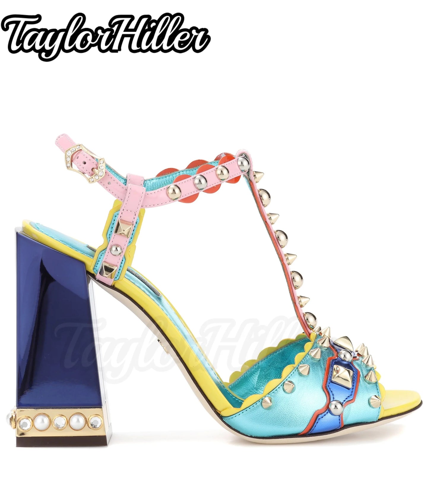 Colorful Gemstone T-strap Heeled Sandals Shallow Buckle Strap Square Heel Gladiator Heels Summer Vacation Bohemian Style Shoes