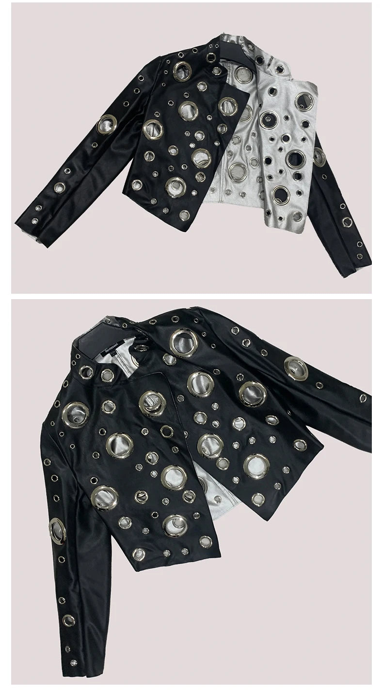 Mauroicardi Spring Short Hollow Out Patchwork Short Pu Leather Jacket Women Cool Luxury Designer European Style Clothes Fashion