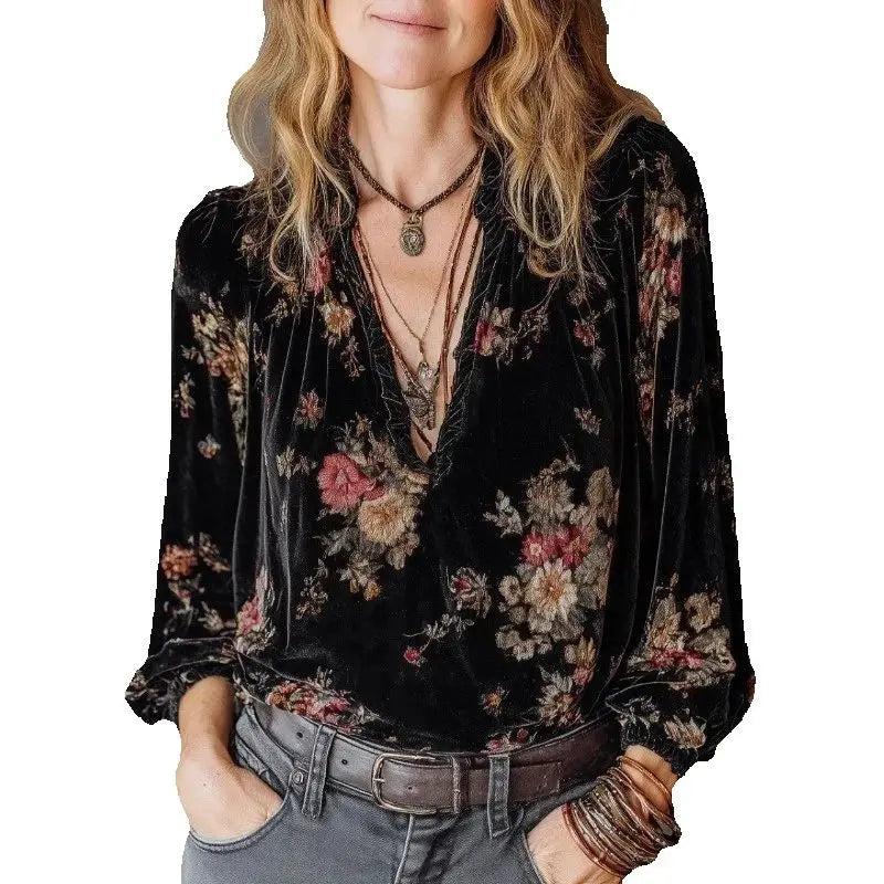 Autumn Winter Gold Velvet Printed Retro Pullover Top Women's Ethnic V-Neck Black Long Sleeved Vacation Shirt Top Streetwear New