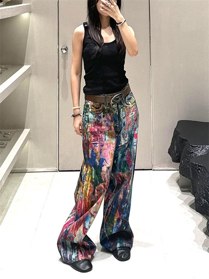 Limiguyue Spring Autumn Y2K 3D Print Jeans for Women Oil Paint Wide-Leg Long Streetwear Trousers American Splatter Runway 253A