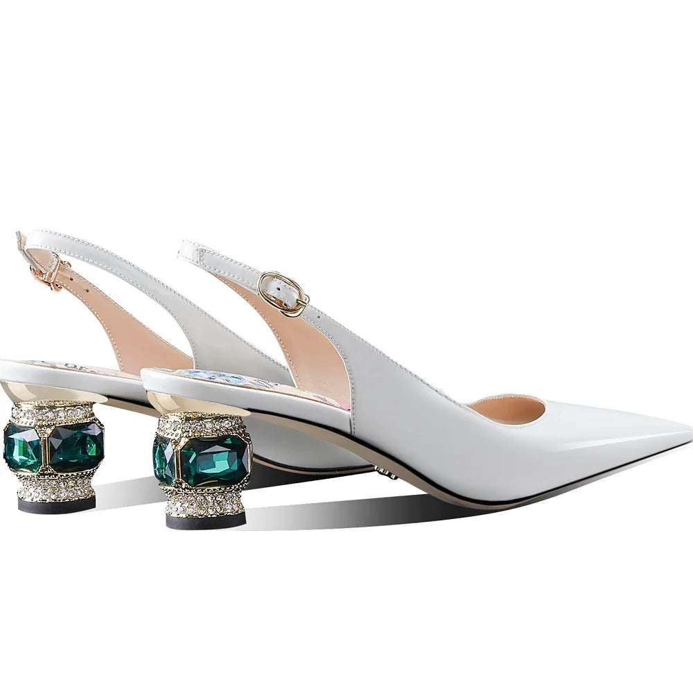 Dilalula 2025 Patent Cow Leather Crystal Heels Sandals Women Pointed Toe Office Ladies Party Dating Wedding Sandals Plus Size