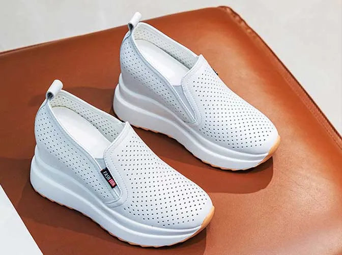 Fujin 10cm Women Summer Breathable Casual Sandals Platform Wedge Fashion Ins White Genuine Leather Chunky Sneaker Hollow Shoes