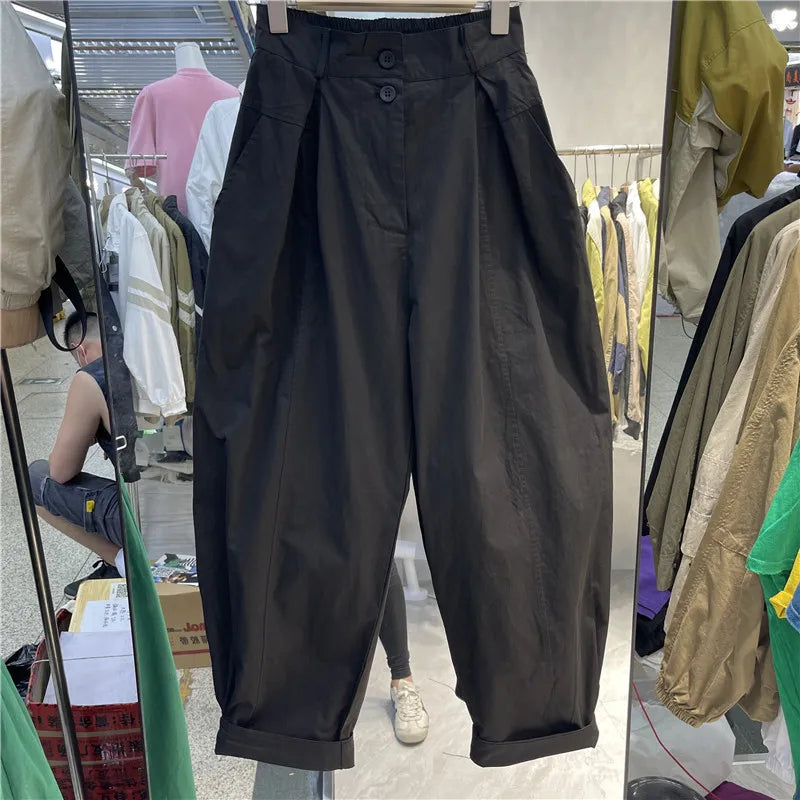 Limiguyue Street Wear Loose Cotton Harem Pants Women Spring Summer Trousers Elastic Wiast Ankle-Length Pants Two Button E392