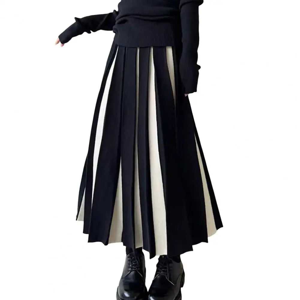 Women Midi Skirt High Waist Patchwork Color Pleated Skirt Ladies Autumn Knitting Skirt Women Versatile Comfortable Daily Wear