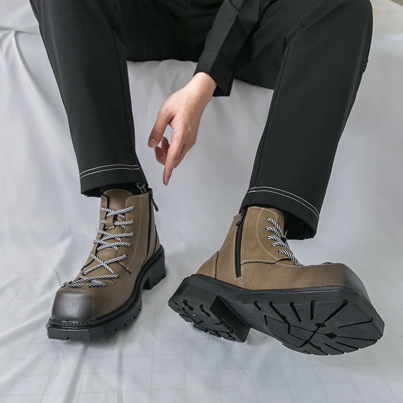 Autumn New Men Comfortable Lace Up Side Zipper High Top Leather Shoes Fashion Brand Round Toe Thick Soled Non Slip Outdoor Boots