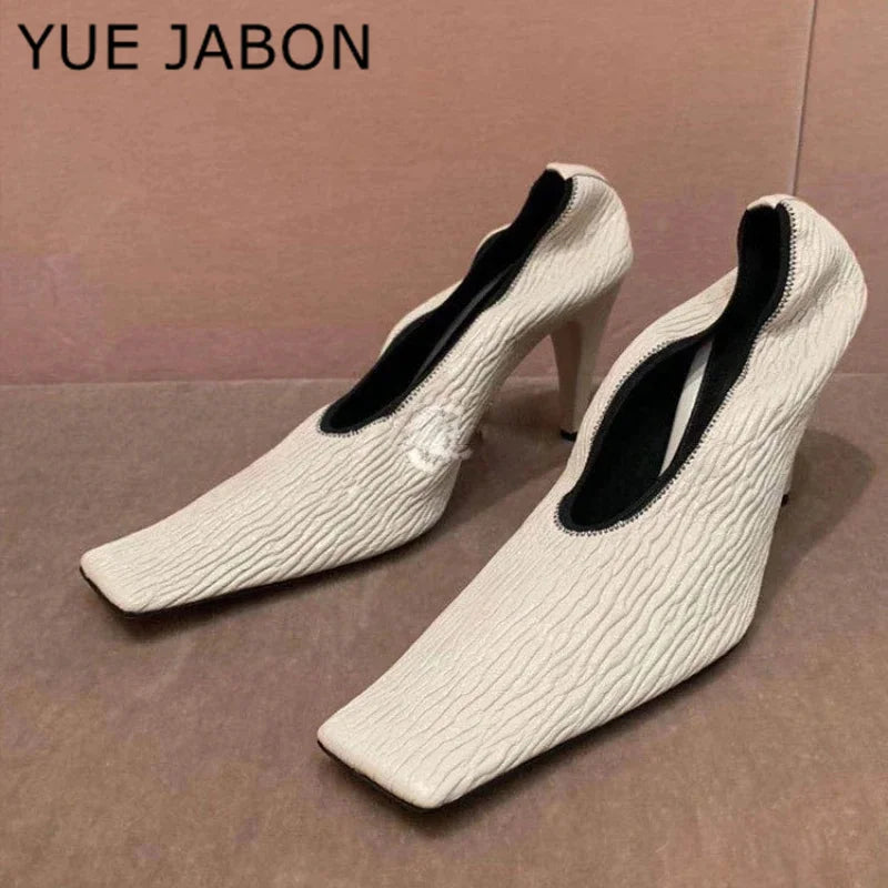 Black Square Head Early Spring New Lady Pumps Zebra-Print Soft Leather Pleated Elastic Witch High Heel Deep Mouth Granny Shoes