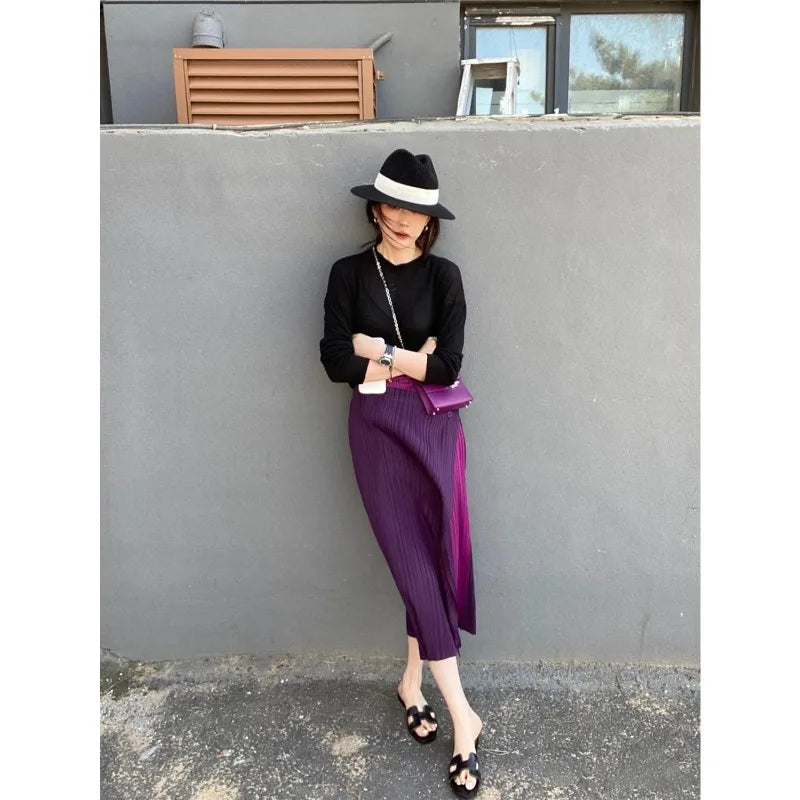 Miyake Pleated Skirt High Waist One Button Stitching Long Asymmetrical Skirt Two Piece Straight Korea Fashion Aesthetic Clothes