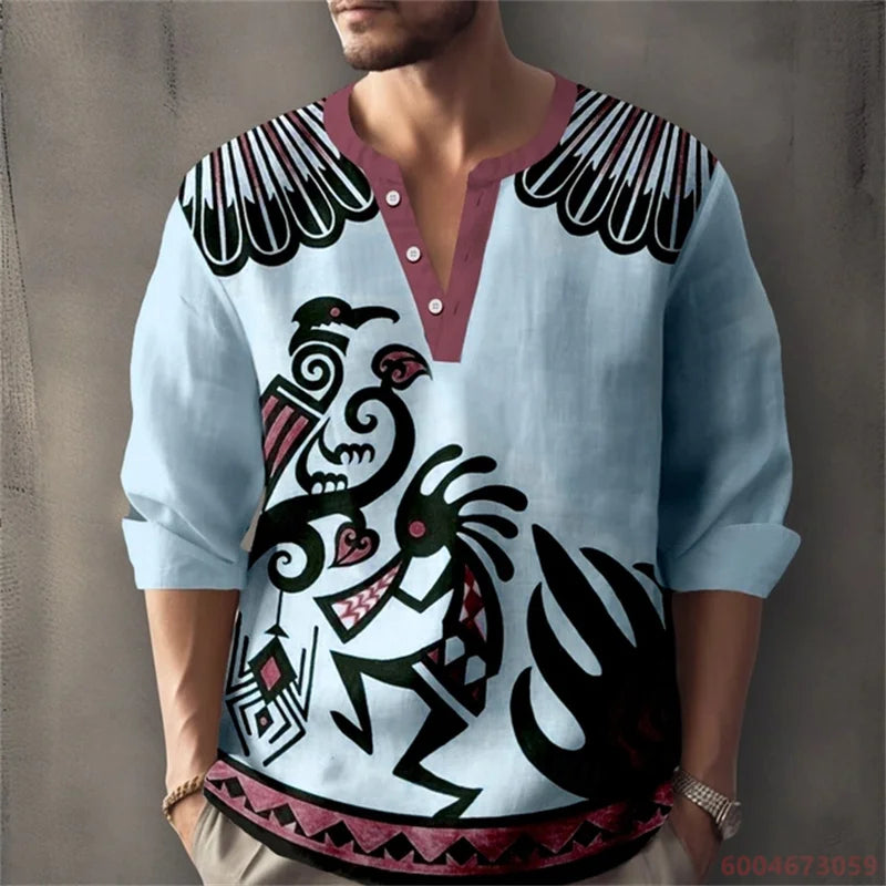 Men's Long-Sleeved Shirt with Retro Print, Stylish Design, Outdoor Casual Henley Collar, Loose Fit, Men's Vacation Top, XS-6XL.