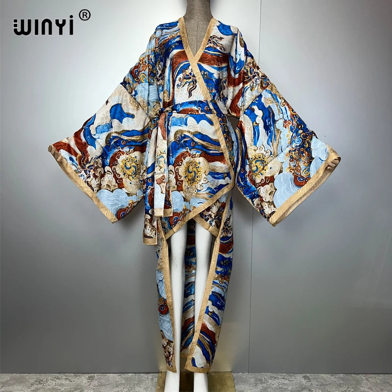 WINYI Summer Beach Wear Cover Up Lady Irregular cardigan printing elegant Silky and skin-friendly sexy Holiday Kimono maxi dress