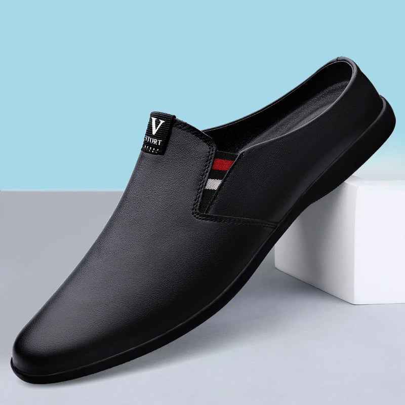 Men's Leather Black Half Leather Shoes Fashion Non-slip Half Trailer Men Sandals Moccasin Breathable Soft Flats Men Driving Shoe