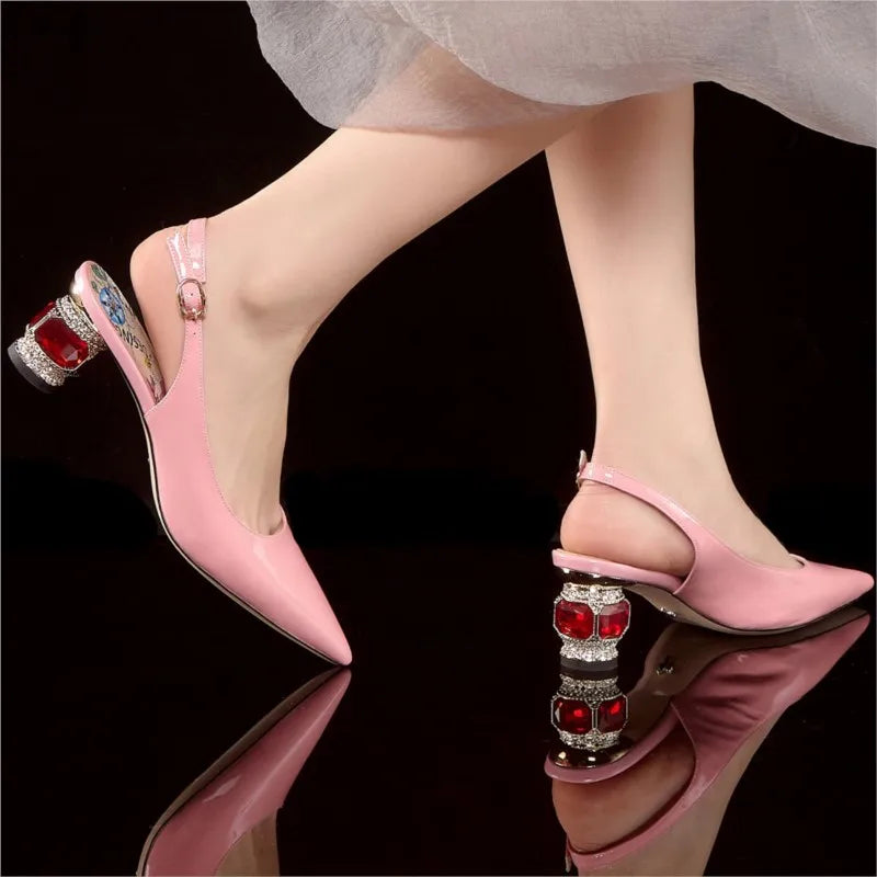 Dilalula 2025 Patent Cow Leather Crystal Heels Sandals Women Pointed Toe Office Ladies Party Dating Wedding Sandals Plus Size
