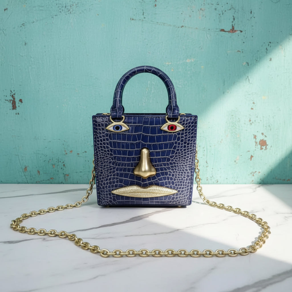 2026 Summer New Women's Surreal  Leather Handbag 3D Face Hand Grip Pattern Tote Bag Silver Patent Leather Square Versatile Shoulder Bag