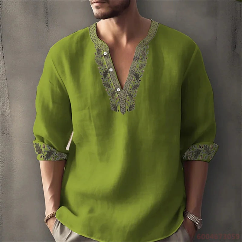 2026 Summer New Men's Fashion Printed Shirt, Henley Collar, Long Sleeve, Ethnic Style, Loose Fit, Breathable, Casual Men's Top
