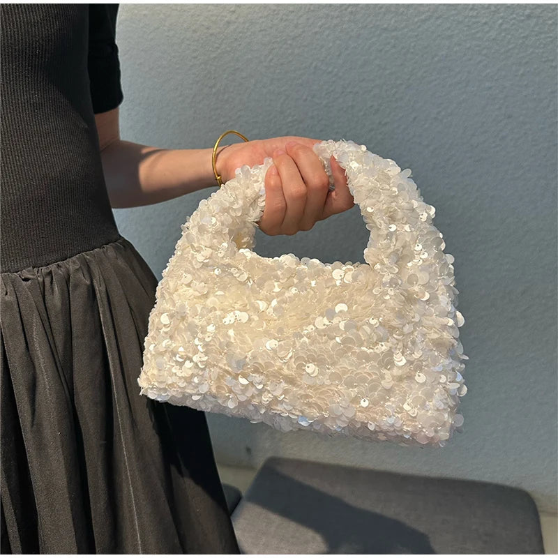 Luxury Pearlescent Sequin Elegant Clutch Purse,Niche French Designer Dumpling Cloud Hobo Evening Bag,Crescent Women Handbag