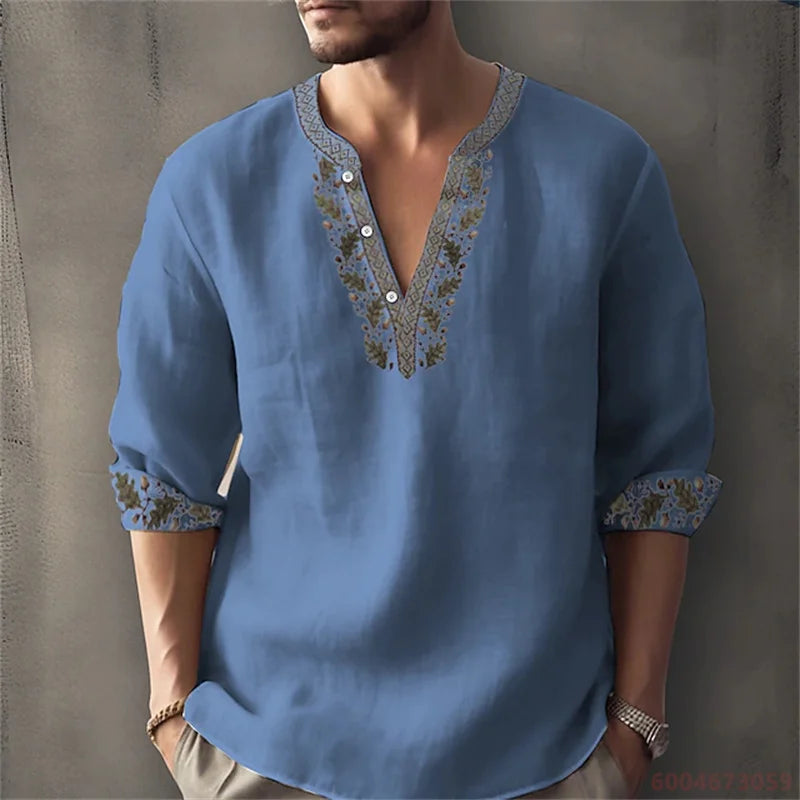 2026 Summer New Men's Fashion Printed Shirt, Henley Collar, Long Sleeve, Ethnic Style, Loose Fit, Breathable, Casual Men's Top