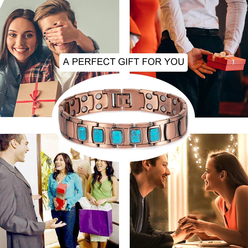 Pure Copper Magnetic Bracelet for Men Vintage Artificial Turquoise 14mm Wide Bracelets Benefits Chain Link Jewelry Waterproof