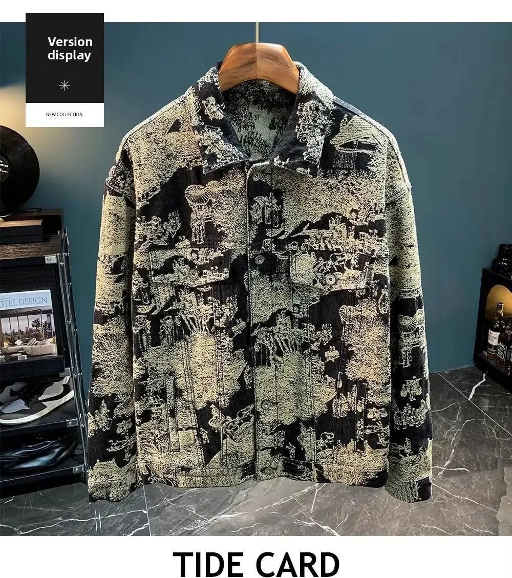 Retro Camouflage Loose Men's Jacket Long Sleeve Embroidered Denim Coat Fashionable Trendy Outerwear Comfortable Fit Male Coat