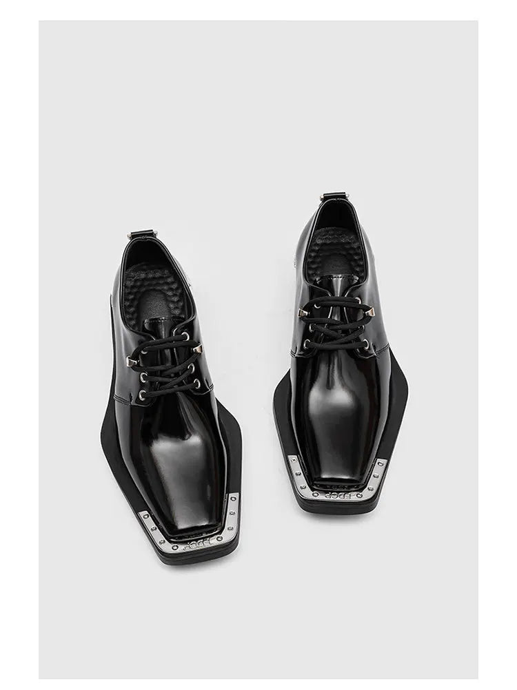 Metal Square Toe Derby Shoes Fashionable Thick Soled Lace Up Design Upturned Toe Thick Heel Trendy Men's Casual Leather Shoes