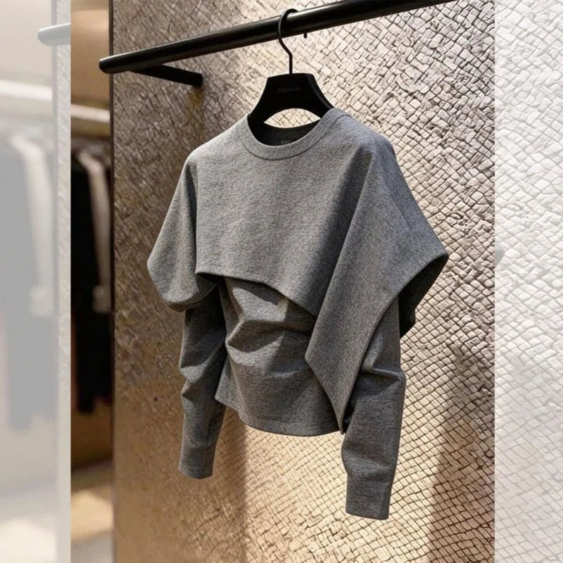 Limiguyue Spring Autumn Gray Pullover Shirts Women Daily Trendy Splice Long Sleeve Tops Loose Irregular Blouse Designer 180B