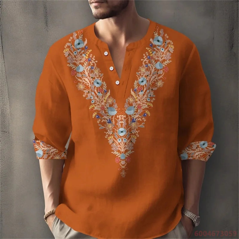 Men's Long-Sleeved Shirt for Summer Vacation, Featuring a Color-Blocked Geometric Print and Henley Collar; Stylish Men's Shirt.