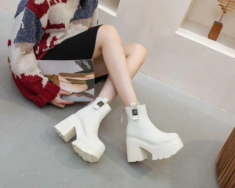 Fujin 11cm New Microfiber Leather Women High Increase Casual Ankle Boots Platform Wedge Pumps Heels White Shoes Winter Shoes
