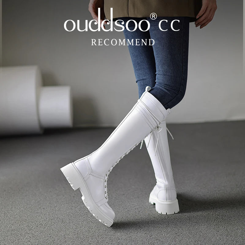 Ods Genuine Leather Women's High Knee Boots Winter Shoes Sexy Lace Up Black White Low Heels Party Shoes Girls Large Size 414243