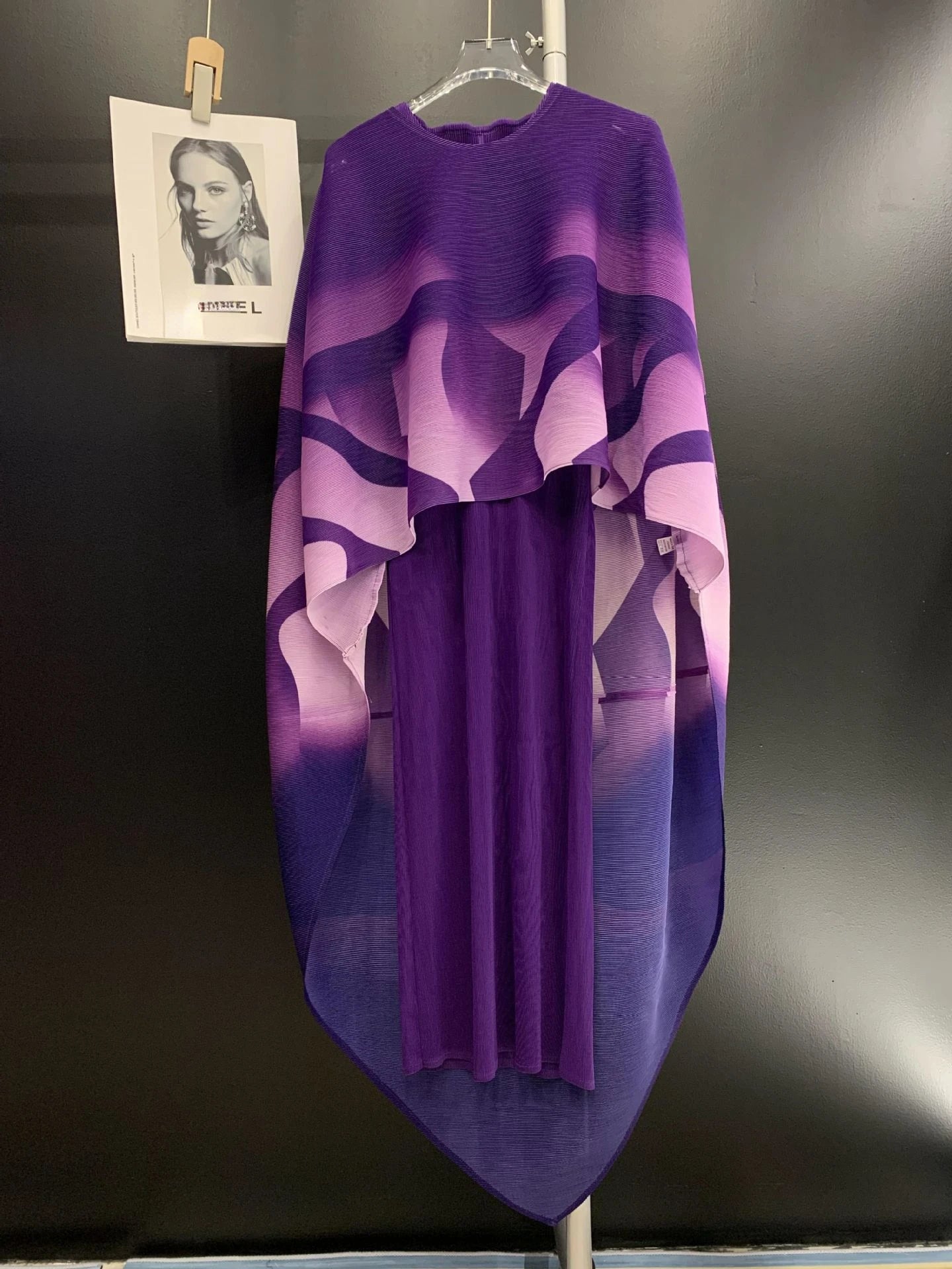 Miyake Folded Fashionable and Elegant Women's Long Skirt, Temperament Skirt, Round Neck Printed Shawl, Two Piece Dress Set