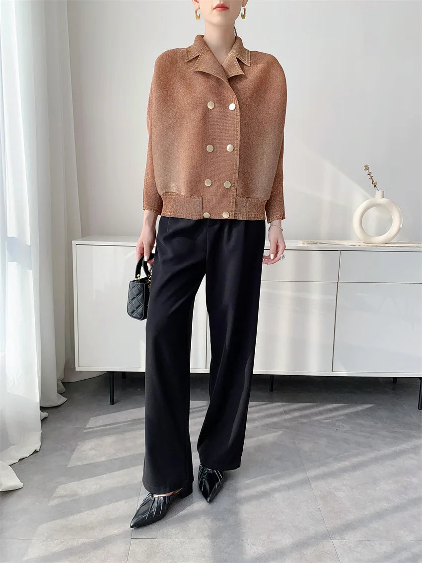 Miyake Women's Early‑Autumn Toothpick‑Texture Pleated Jacket, Relaxed‑Vibe Casual Outerwear, Slim‑Fitting Draping Commuter Top