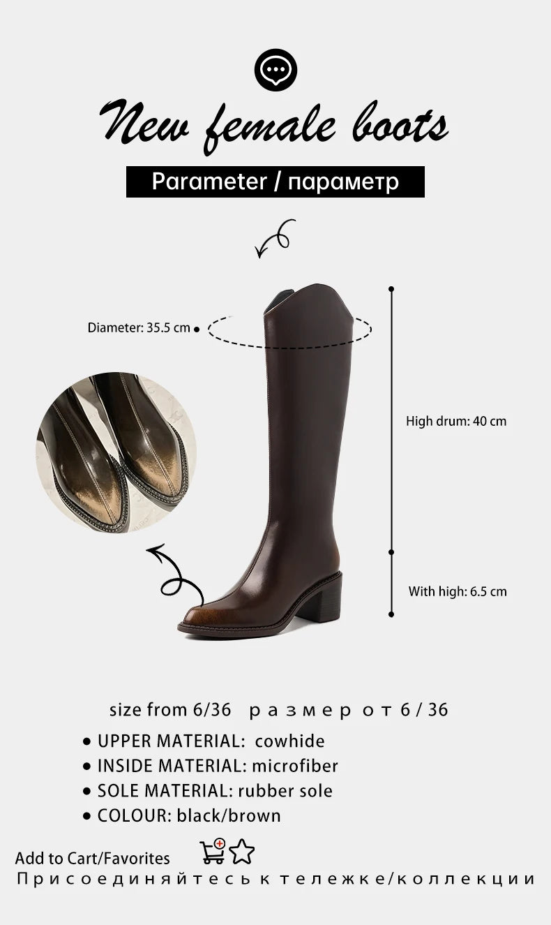 Ods New Women Genuine Leather Pointed Toe Knee High Boots Black White Brown Side Zipper Female Shoes Thick Heel Plus Size 42
