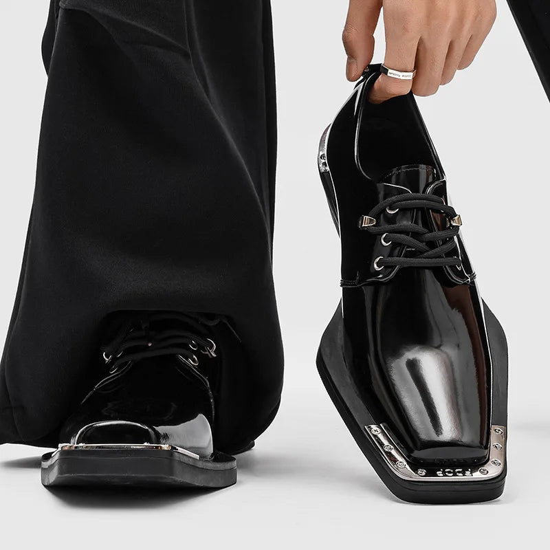 Metal Square Toe Derby Shoes Fashionable Thick Soled Lace Up Design Upturned Toe Thick Heel Trendy Men's Casual Leather Shoes