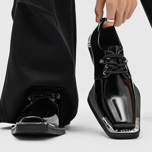 Metal Square Toe Derby Shoes Fashionable Thick Soled Lace Up Design Upturned Toe Thick Heel Trendy Men's Casual Leather Shoes