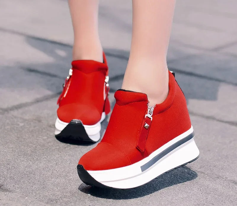 2024 Platform Sneakers Women Red Casual Comfortable Hidden Heel Shoe Black Canvas Shoes Wedge Heels Sneaker Tenis De Mujer