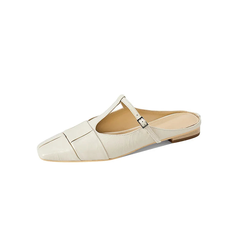 Genuine Leather t-strap Slippers Women Covered Toe Low Heel Slides Ladies Summer Vacation Slippers Female