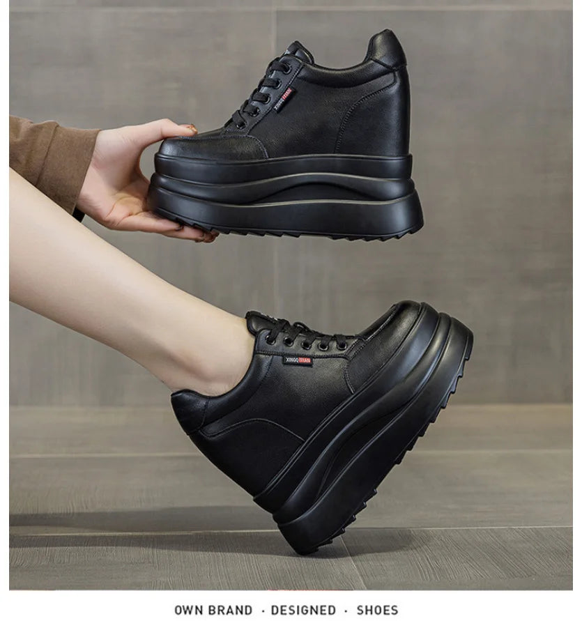 13cm Microfiber Leather Women Casual Shoes Chunky Sneakers Platform Wedge Heel Women Leisure Shoes Fall pring  Sneaker Women