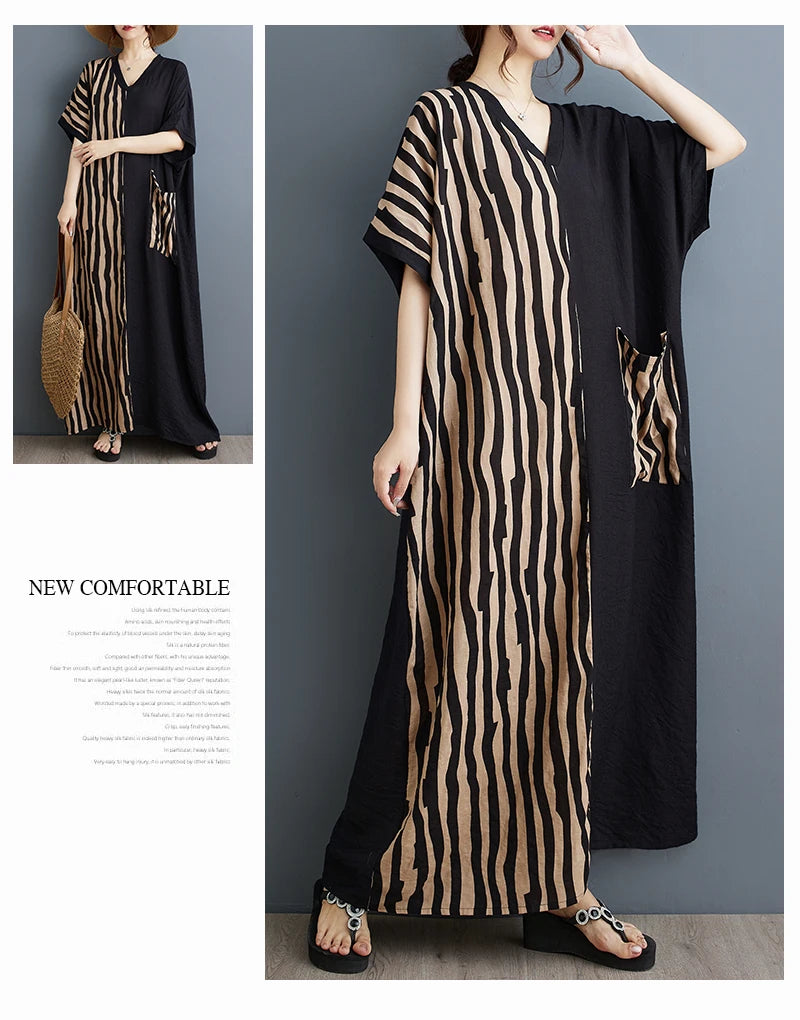 Long V-Ne ort Sve Printed Slimming Cotton Linen Dr Color Blo Casual Loose Fit Summer Faion plus Size Women