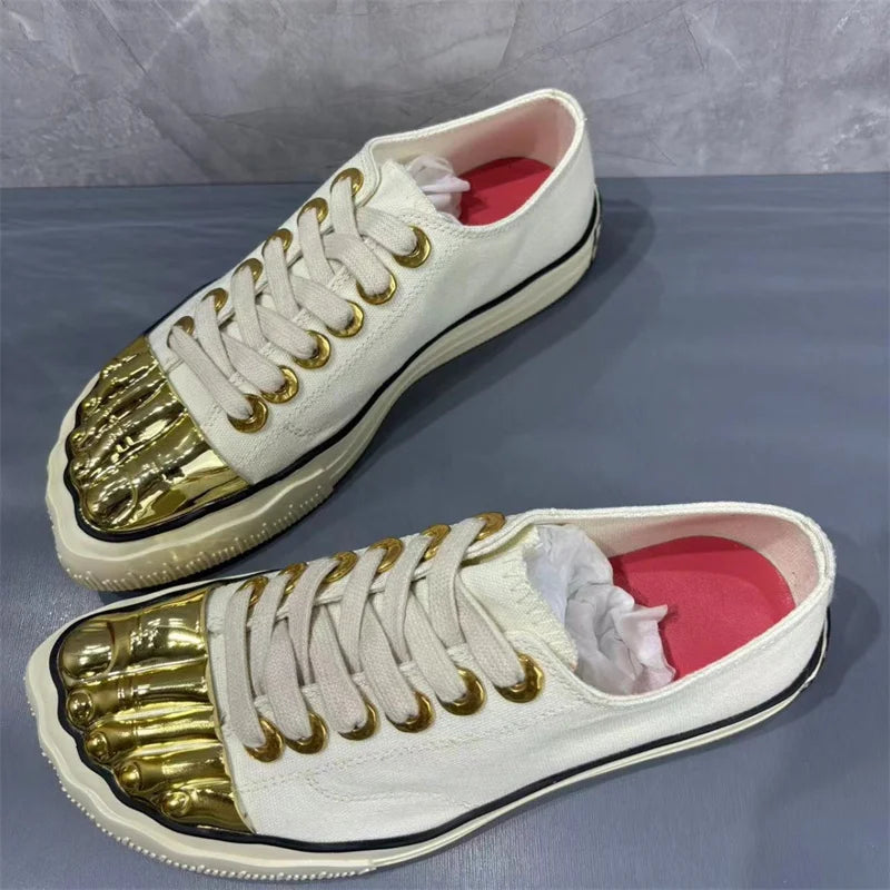 Men Women's High Top Canvas Sneakers Metallic Gold Toe Cap Lace-Up Casual Streetwear Shoes Comfortable Flat Platform Fashionable
