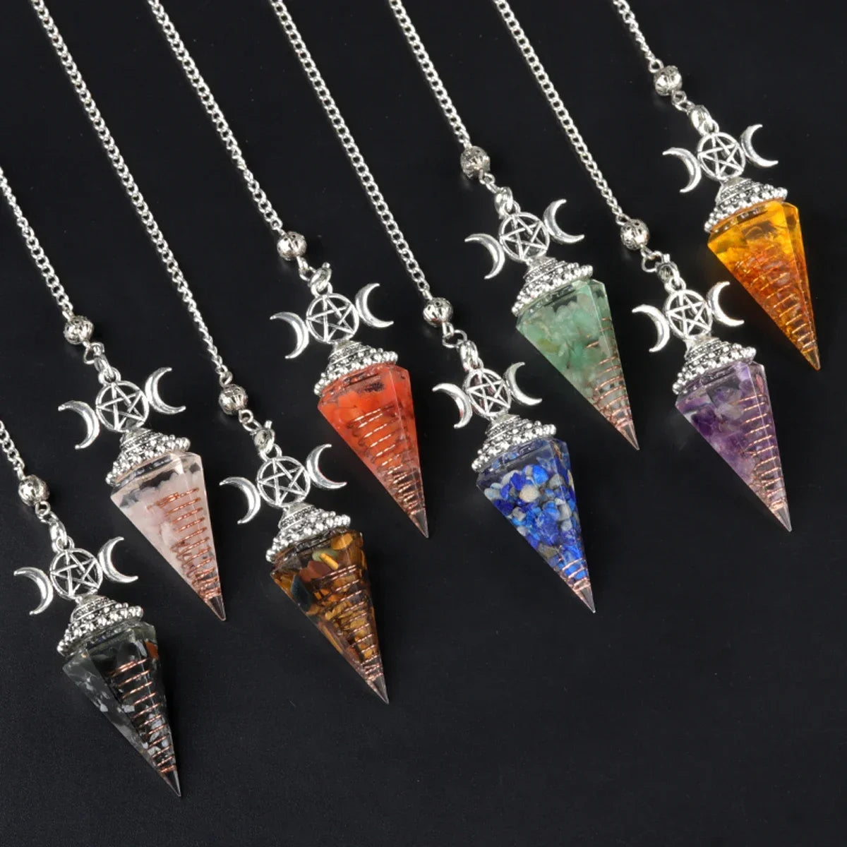 Natural Stone Three Phase Lunar Meditation Healing Tiger Eye Crystal Hexagonal Pyramid Spirit Pendulum Gift necklace