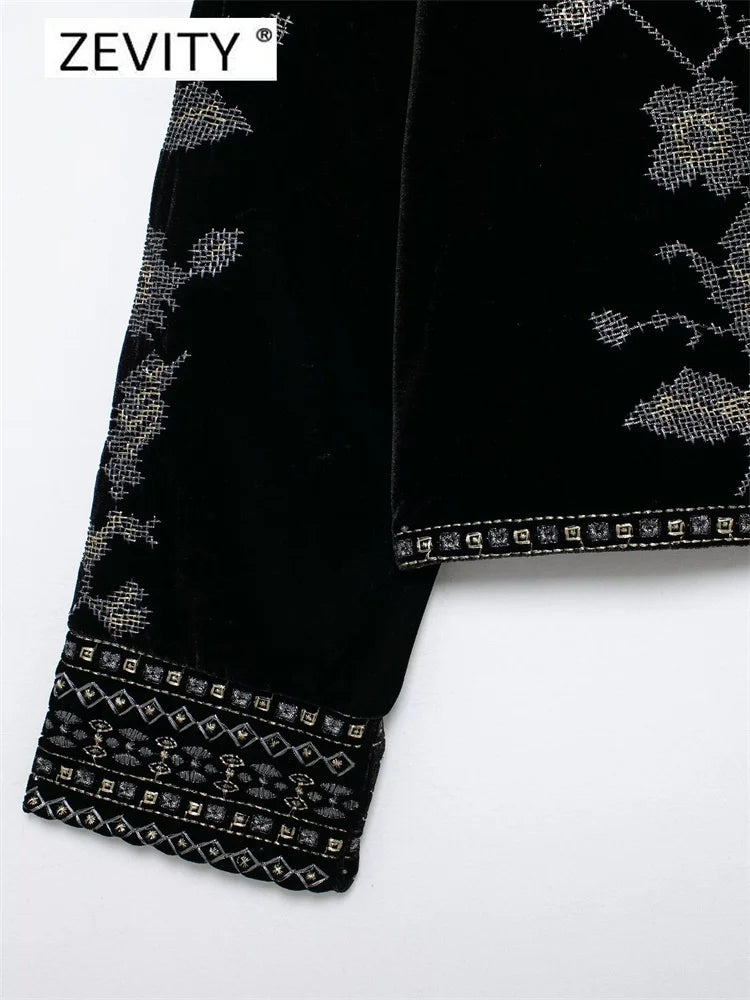 Elegant, Korean Zevity New Women Vintage O Neck Geometric Floral Embroidery Short Velvet Coat Office Lady Long Sleeve Outwear Jacket Tops CT7352