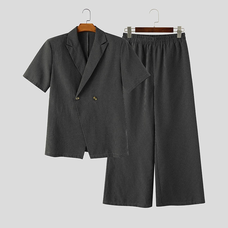 INCERUN Men Plaid Sets Lapel Short Sleeve Blazer Wide Leg Pants Two Piece Sets Streetwear Elegant 2026 Fashion Men Matching Sets