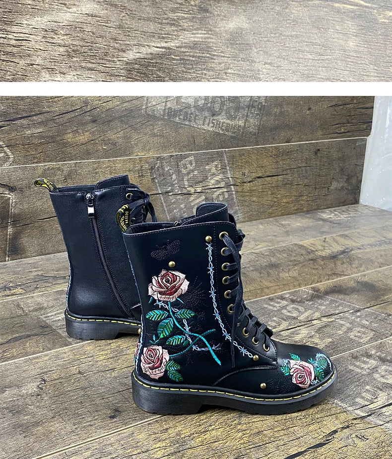Ods Handmade Embroidery Rose Flower Retro Lace-up Mt Woman Genuine Leather Round Toe British Style Ankle Boots Big Size 40414243