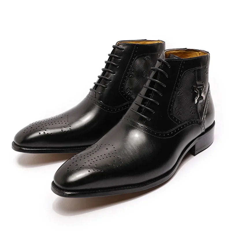 Luxury men's genuine leather ankle boots stylish lace-up pointed toe formal shoes for wedding office basic men's shoes