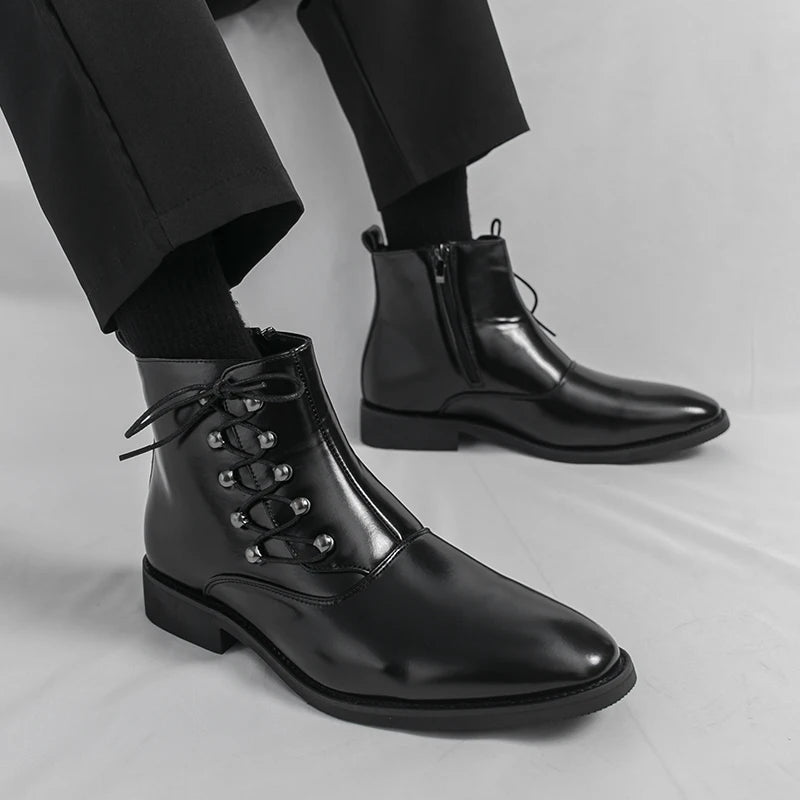 Autumn New Men's Pointed Side Zipper Comfortable High Top Boots Fashionable Brand Men Business Banquet Personalized Short Boots