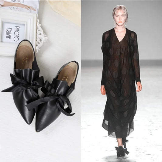 European Catwalk Shoes Woman Pleated Leather Flats 2025 Silk Bow-knot Ballerinas Ladies Espadrilles Barefoot Pointed Toe Loafers