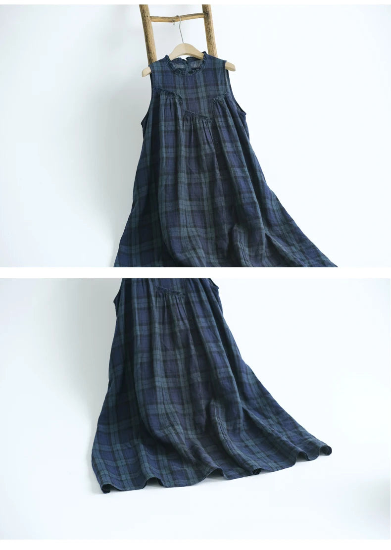 Summer 2026 Large Size Cotton Linen Plaid Vest Skirt Long Svel Dr Chest Splicing Wooden  Ear A-Line Dr